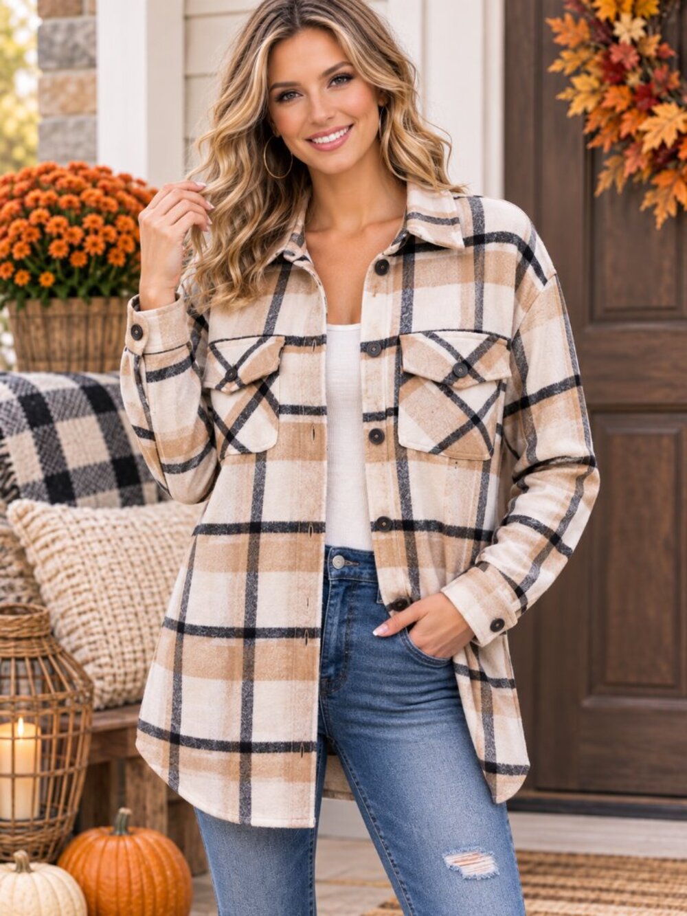 Thread & Supply Plaid Shacket Medium Beige Tan Black Pockets Lined